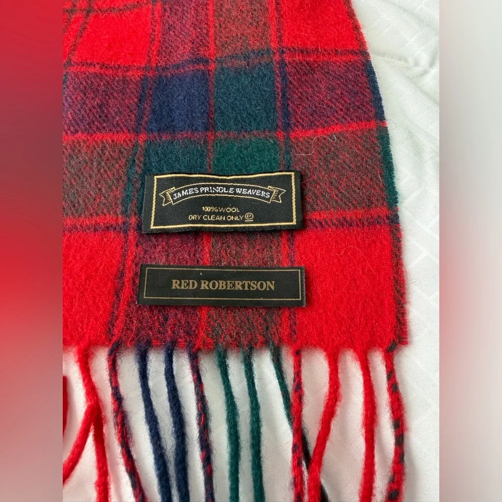 James Pringle Weavers 100% Wool Plaid Scarf Unisex Red Robertson Classic Preppy